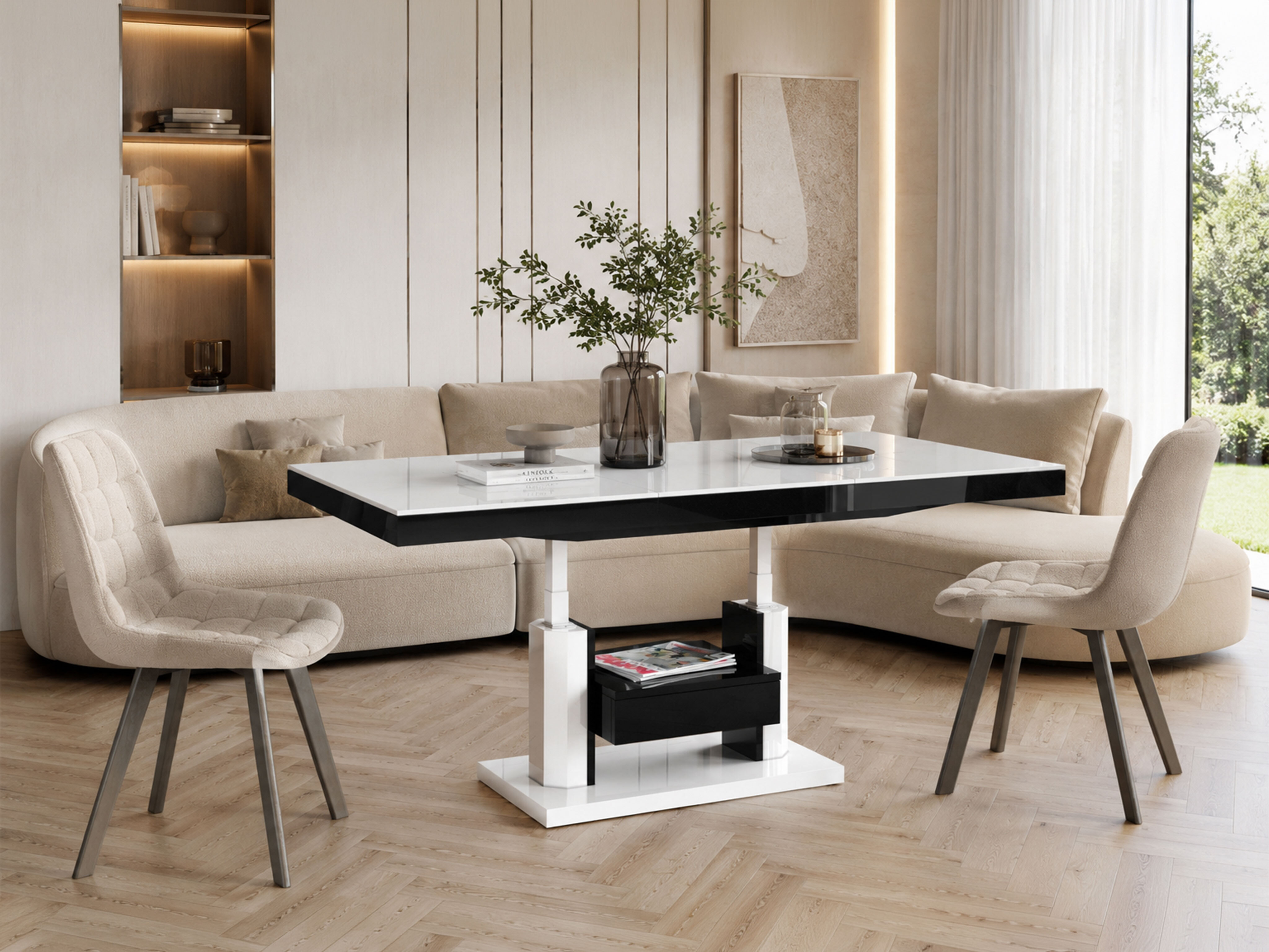 Couchtisch-Transformer Hoboken 100 (Weiss glänzend + Schwarz glänzend)