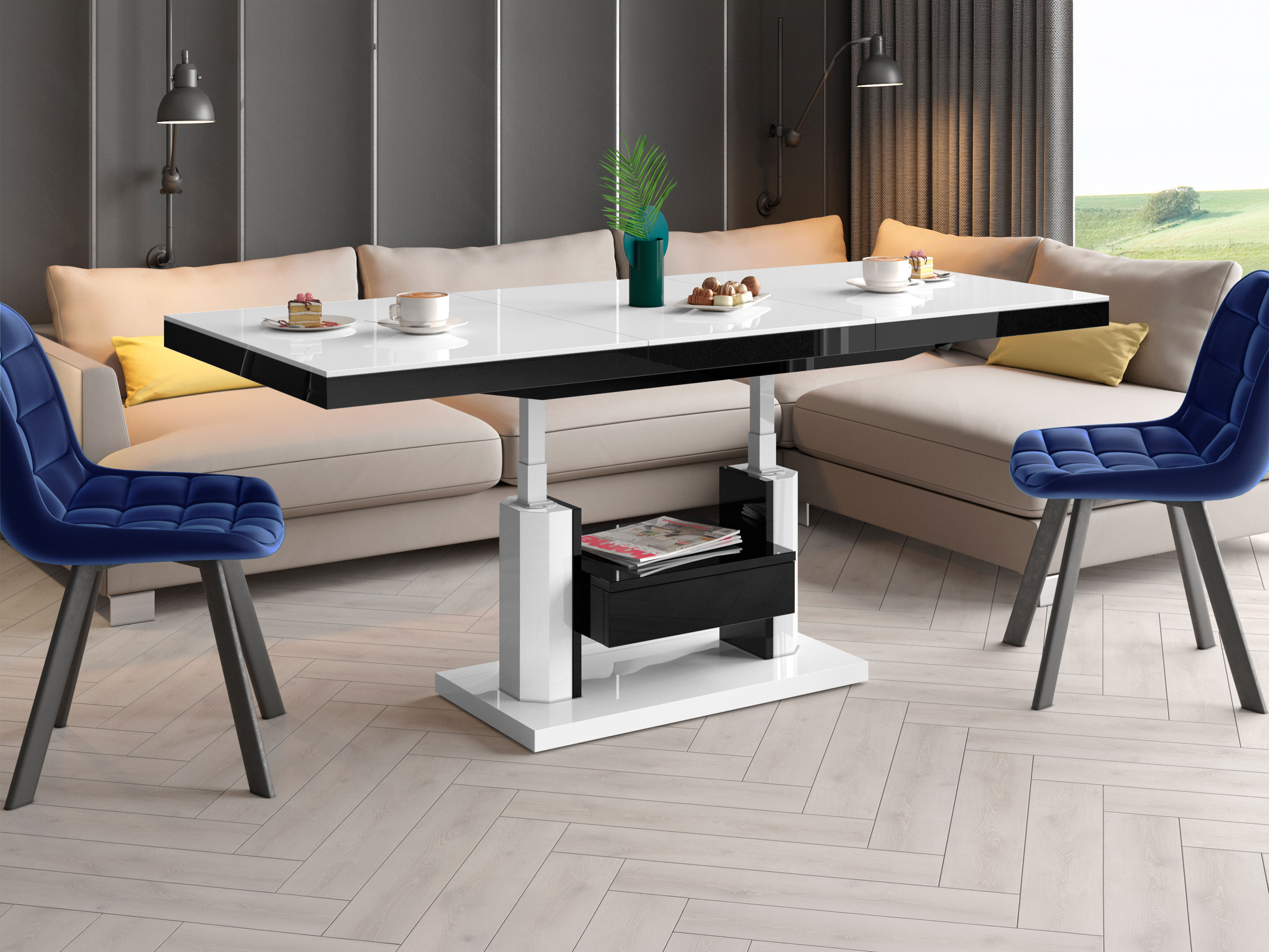 Couchtisch-Transformer Hoboken 100 (Weiss glänzend + Schwarz glänzend)