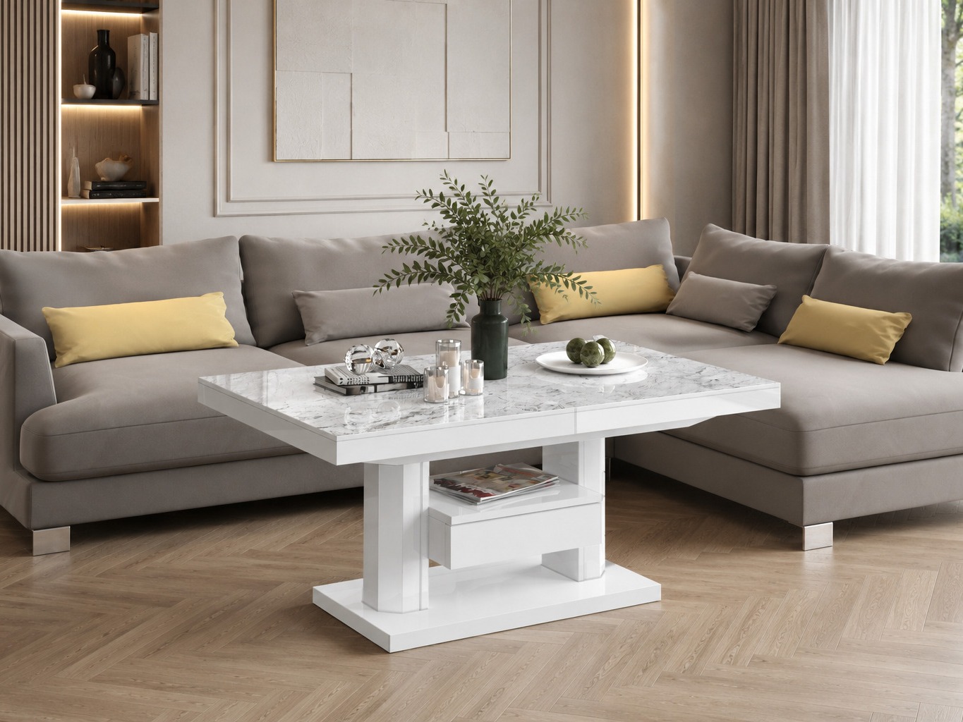 Couchtisch-Transformer Hoboken 100 (Weisser Marmor + Weiss glänzend)