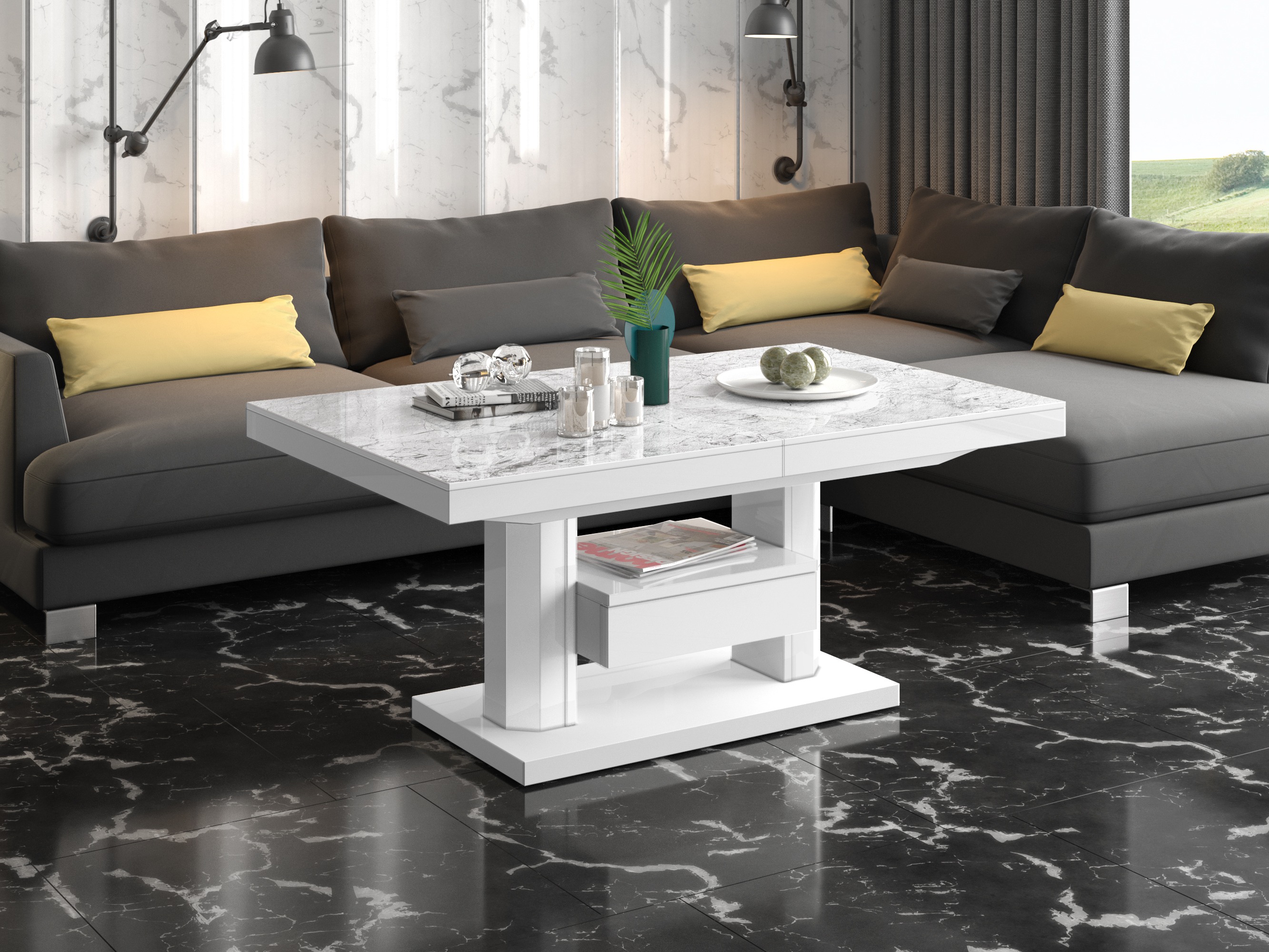 Couchtisch-Transformer Hoboken 100 (Weisser Marmor + Weiss glänzend)