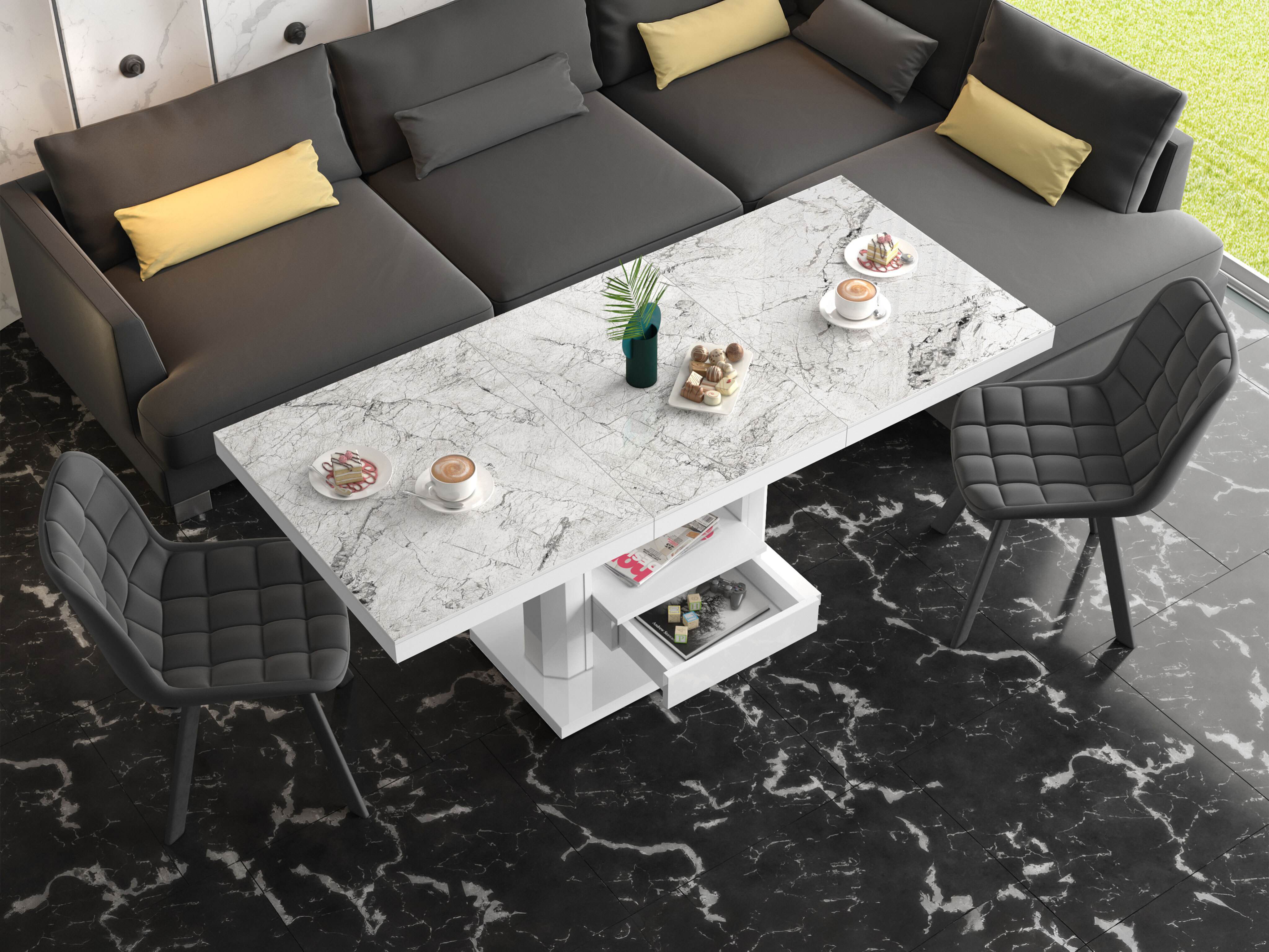 Couchtisch-Transformer Hoboken 100 (Weisser Marmor + Weiss glänzend)