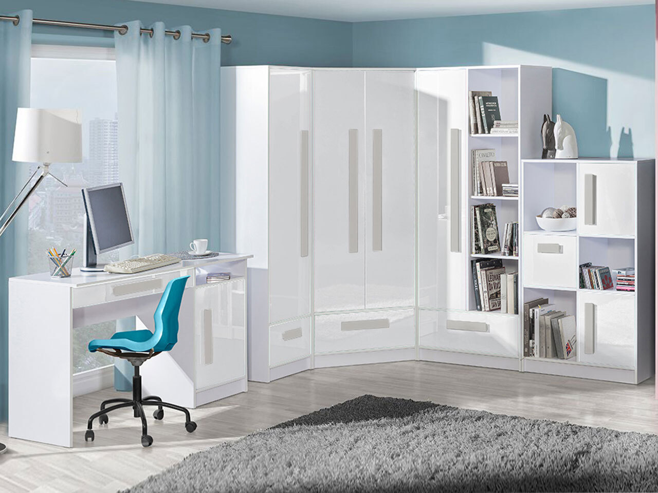 Bürotisch Merevari 100 (Weiss + Weiss glänzend + Grau)