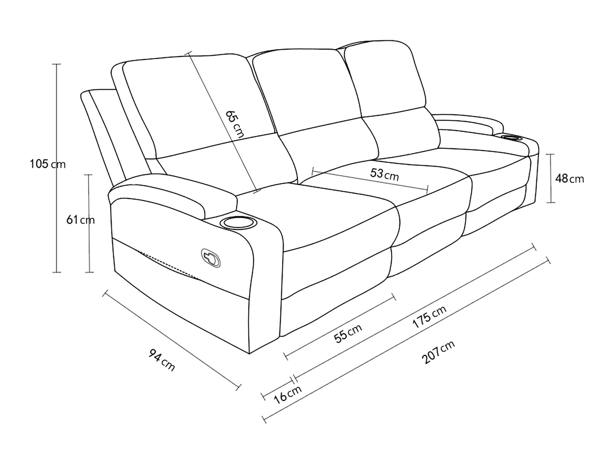 Sofa mit Liegefunktion Denton 1566 (Schwarz)