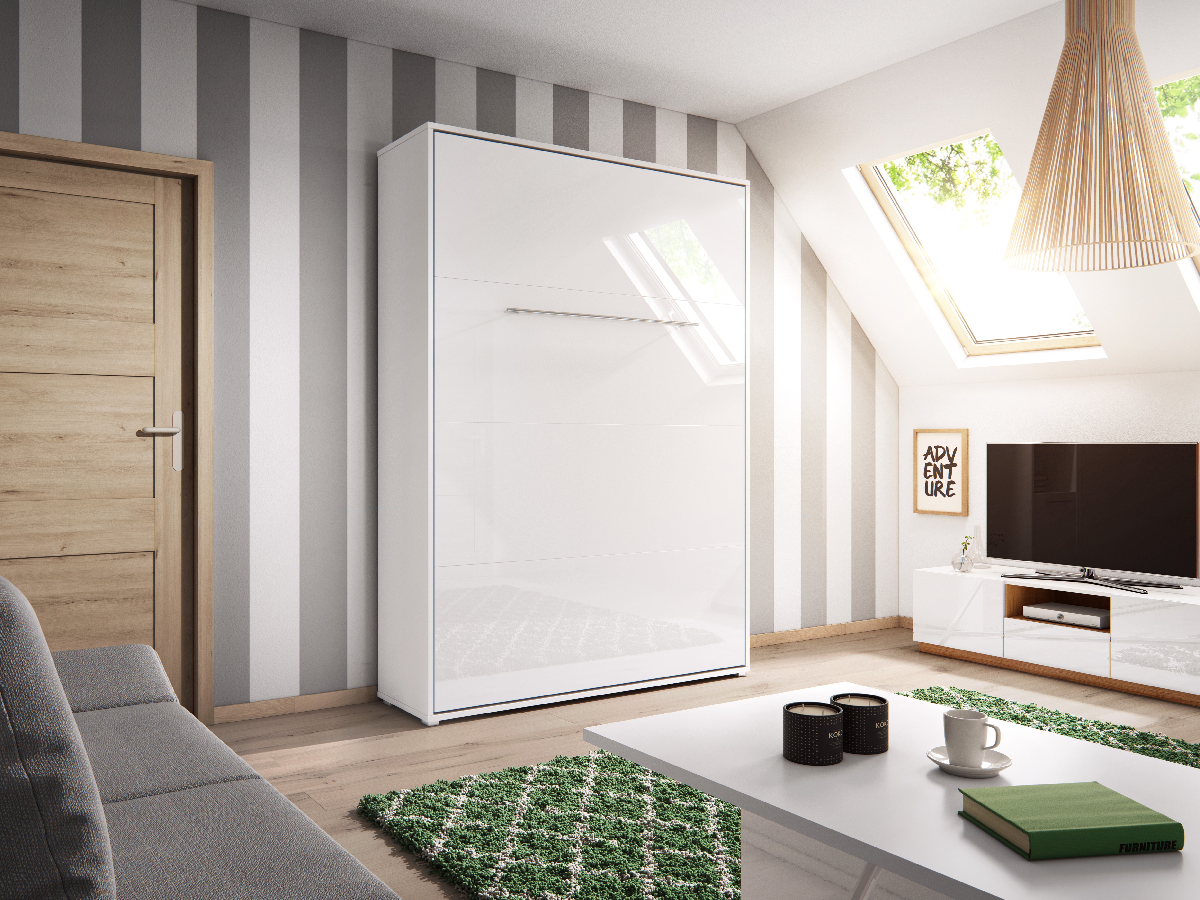 Schrankbett Concept Pro Lenart III (Weiss + Weiss glänzend)