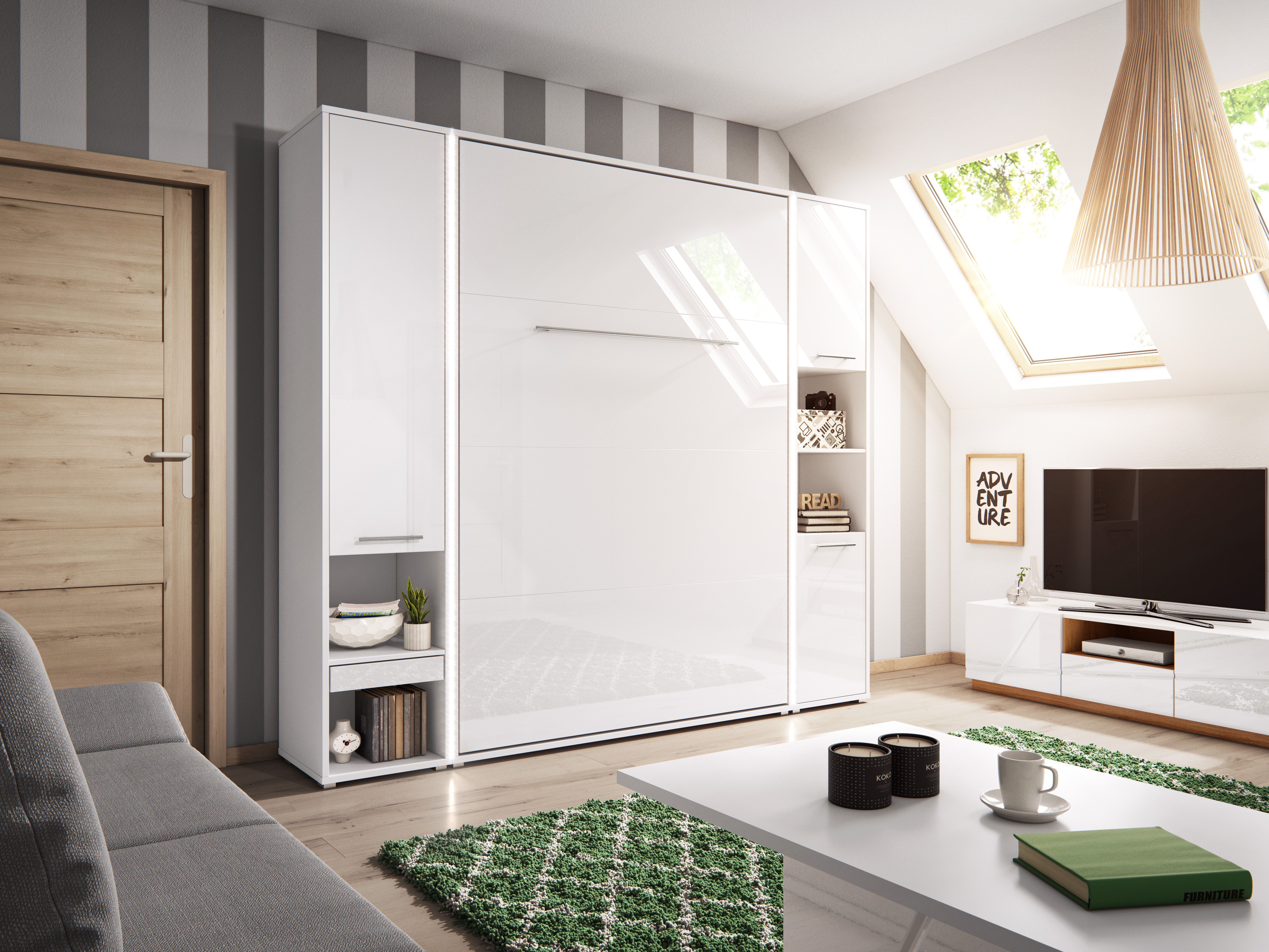 Schrankbett Concept Pro Lenart III (Weiss + Weiss glänzend)