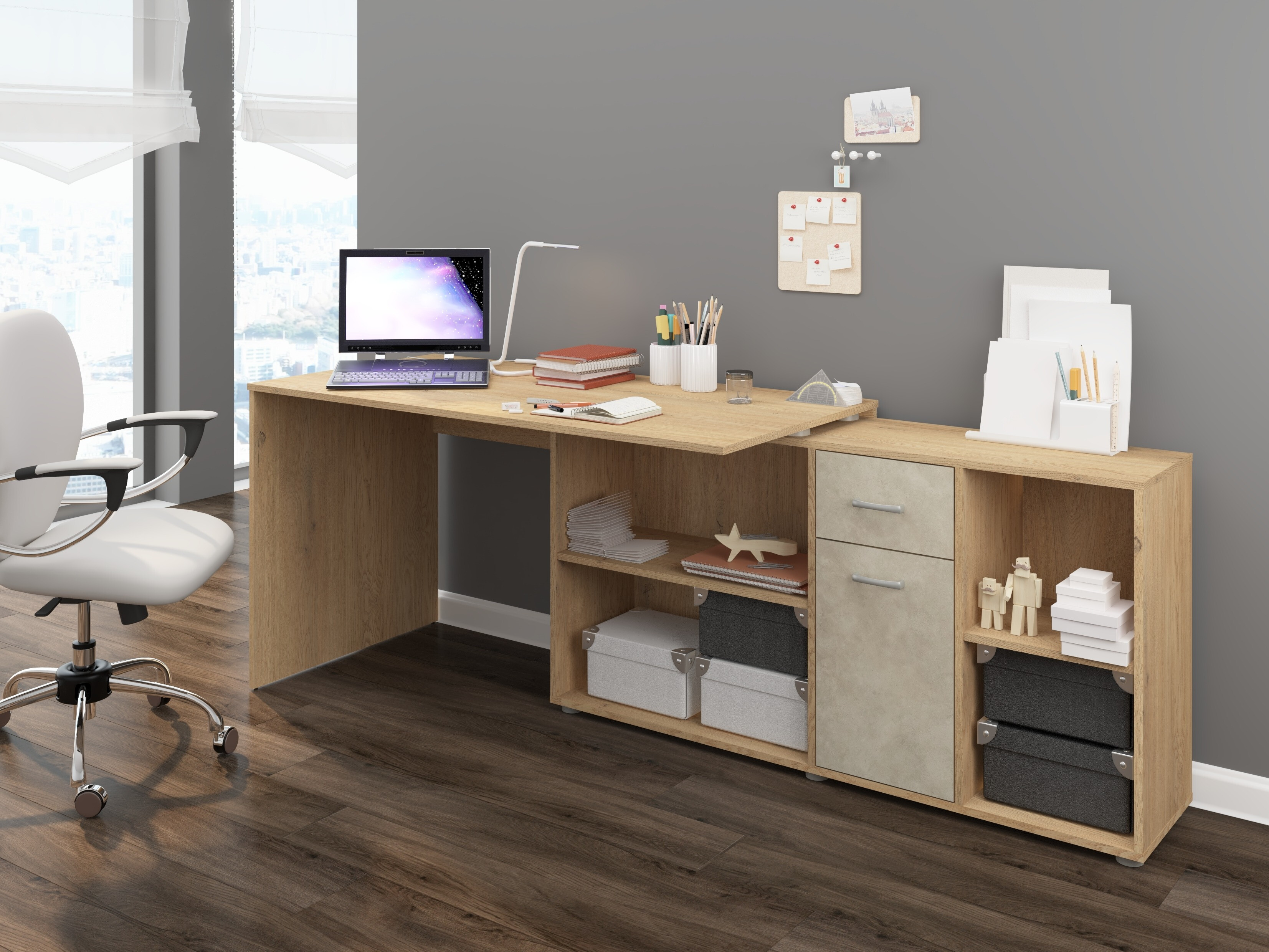 Eckschreibtisch Gilroy 113 (Cremona-Eiche + Beige)
