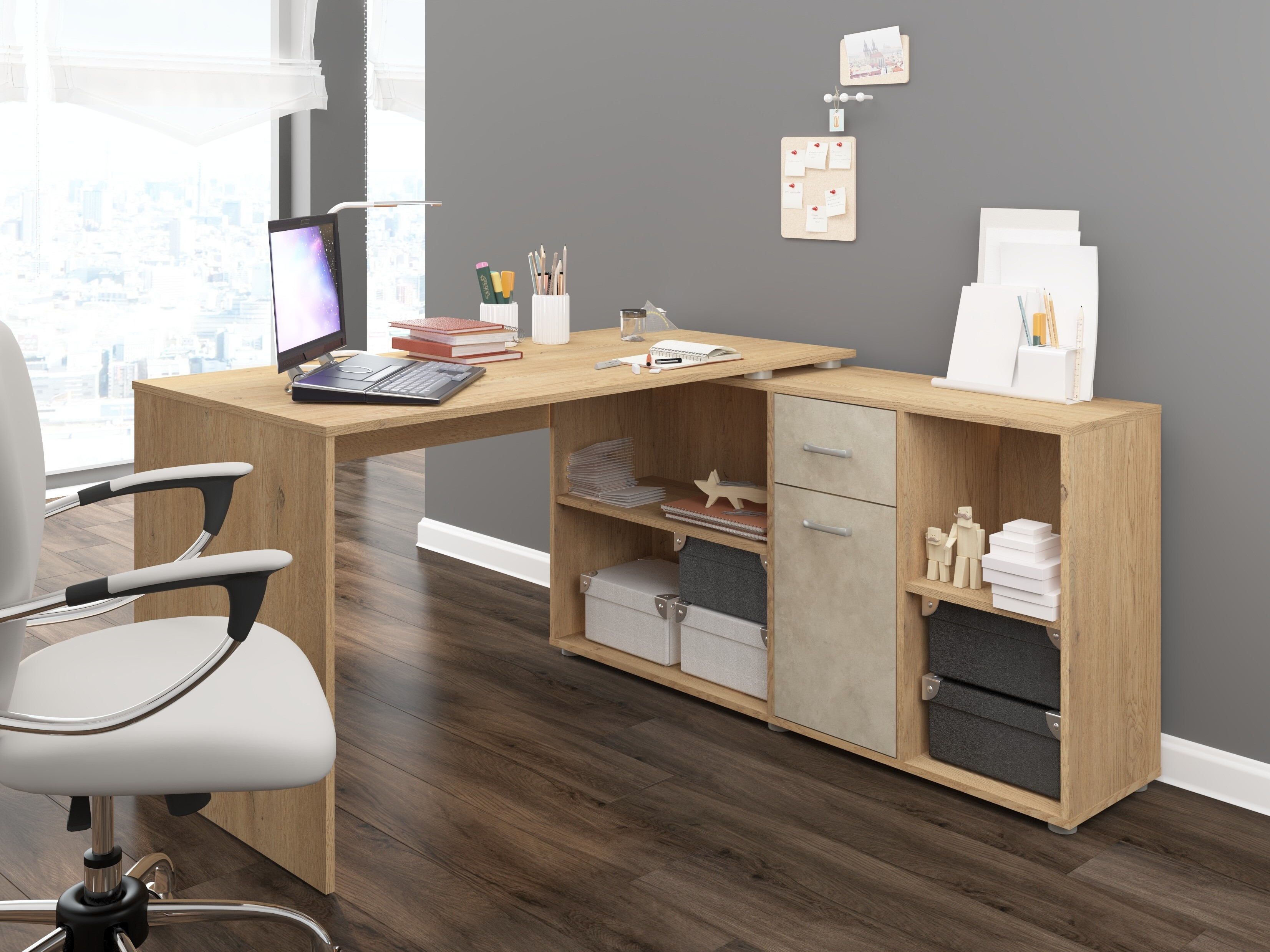 Eckschreibtisch Gilroy 113 (Cremona-Eiche + Beige)