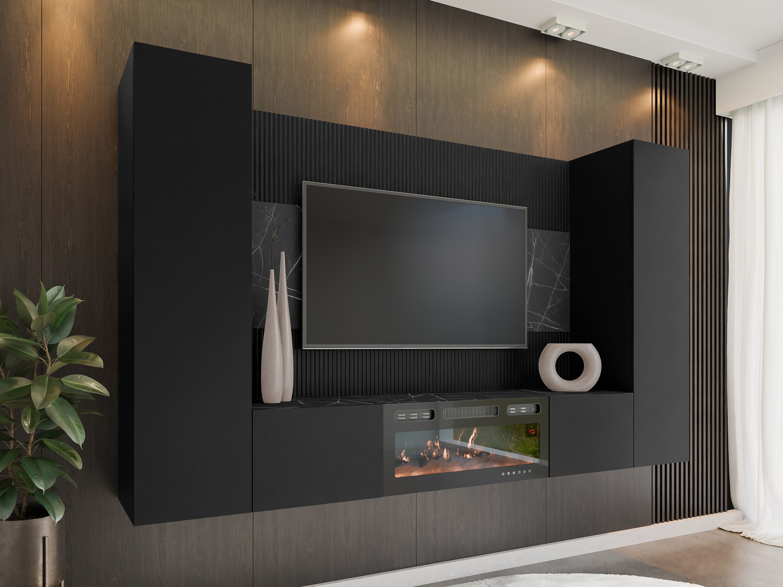 Wohnzimmer-Sets Comfivo Salix VIII (Schwarz + Schwarzer Marmor)