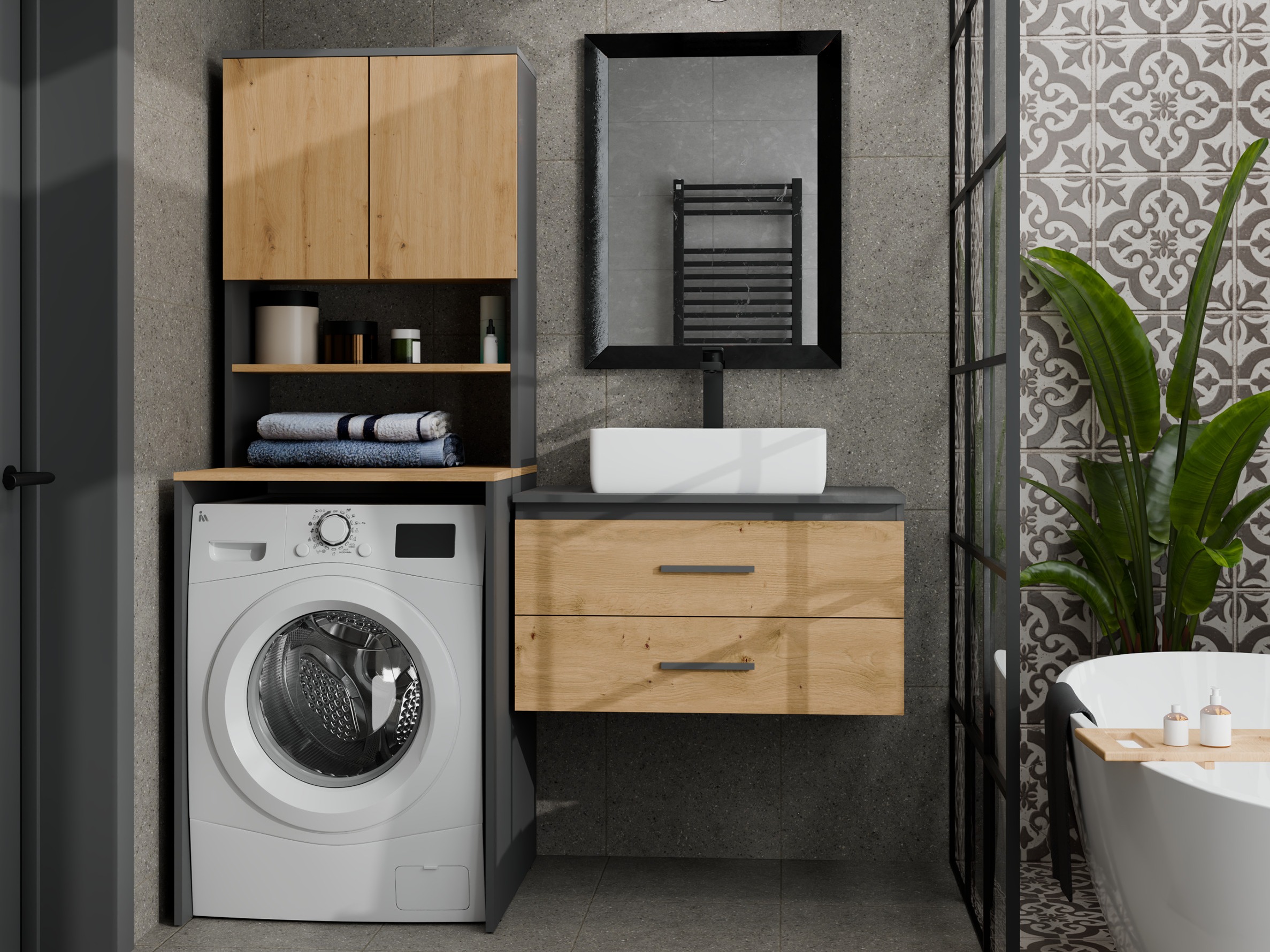 Badezimmer-Regal Balelbo 112 (Anthrazit + Artisan-Eiche)