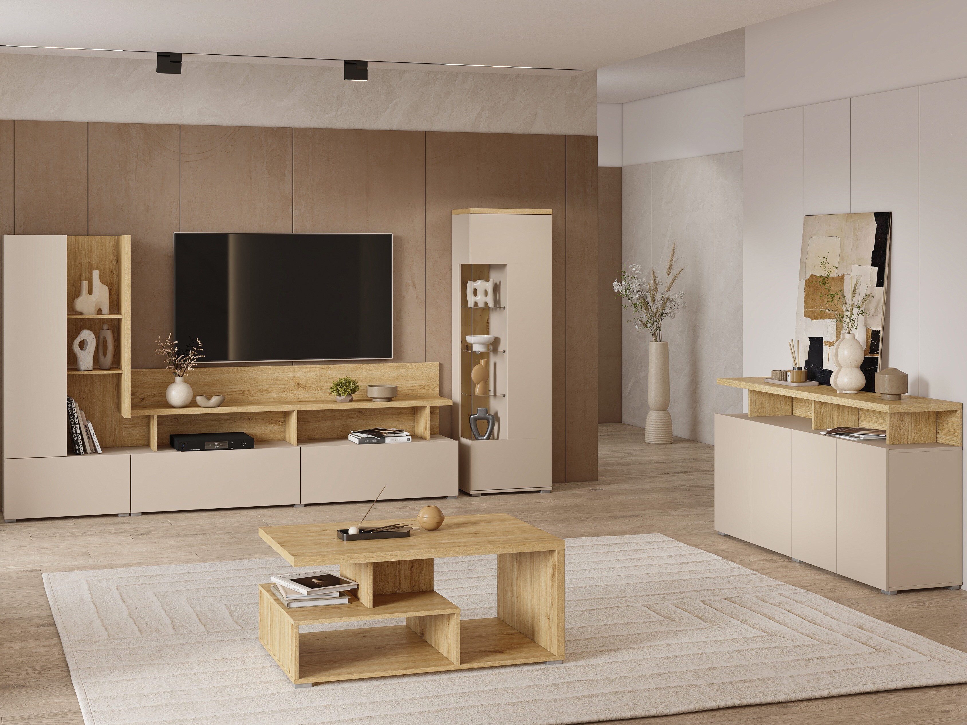 Wohnzimmer-Set Virvele 103 (Kaschmir + Eiche hell)