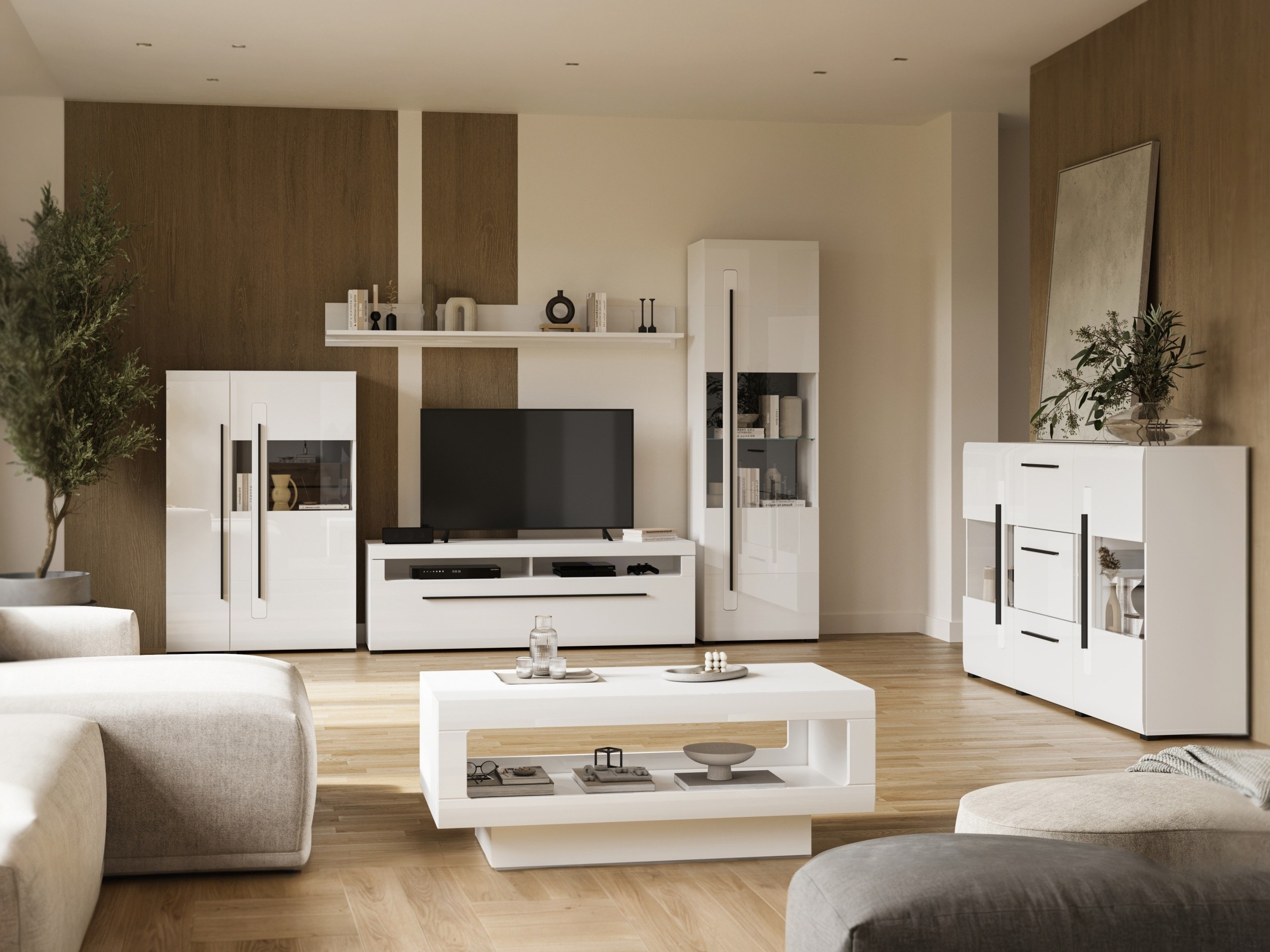 Wohnzimmer-Set Ophsalu 112 (Weiss + Weiss glänzend)