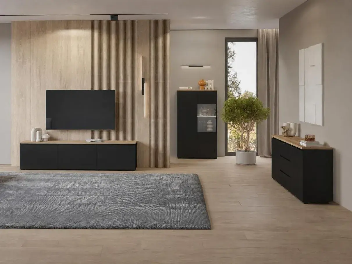 Wohnzimmer-Set Baletu 114 (Schwarz + Eiche)