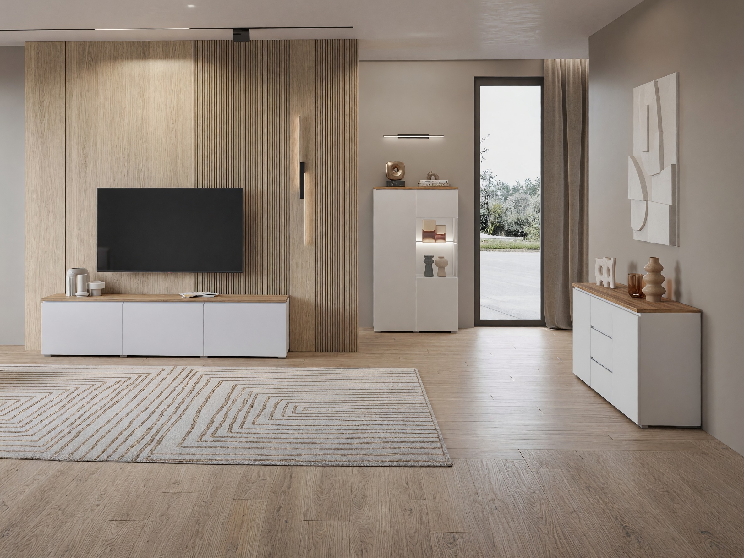 Wohnzimmer-Set Baletu 114 (Weiss + Eiche)