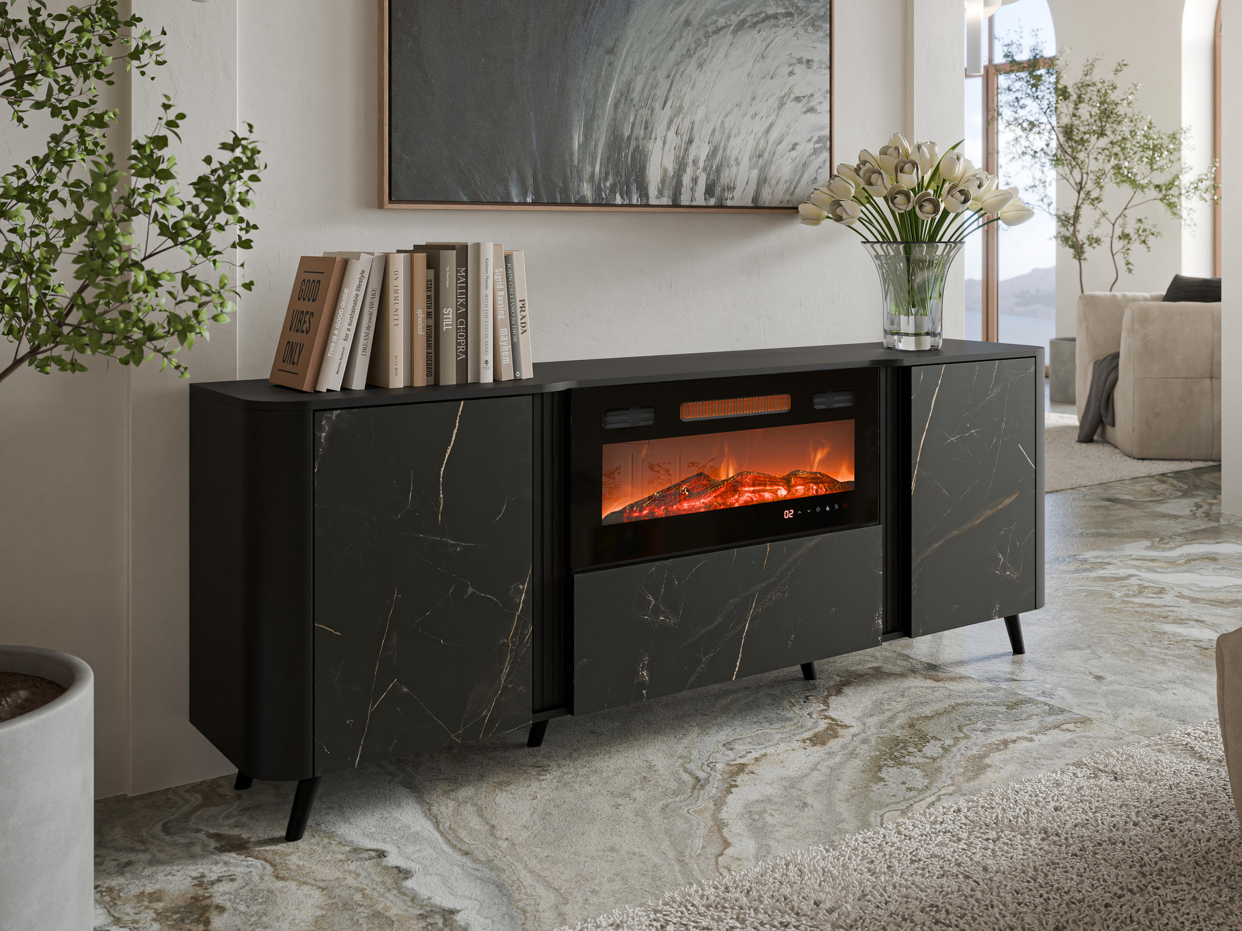 Sideboard Modus I (Schwarz + Schwarzer Marmor)