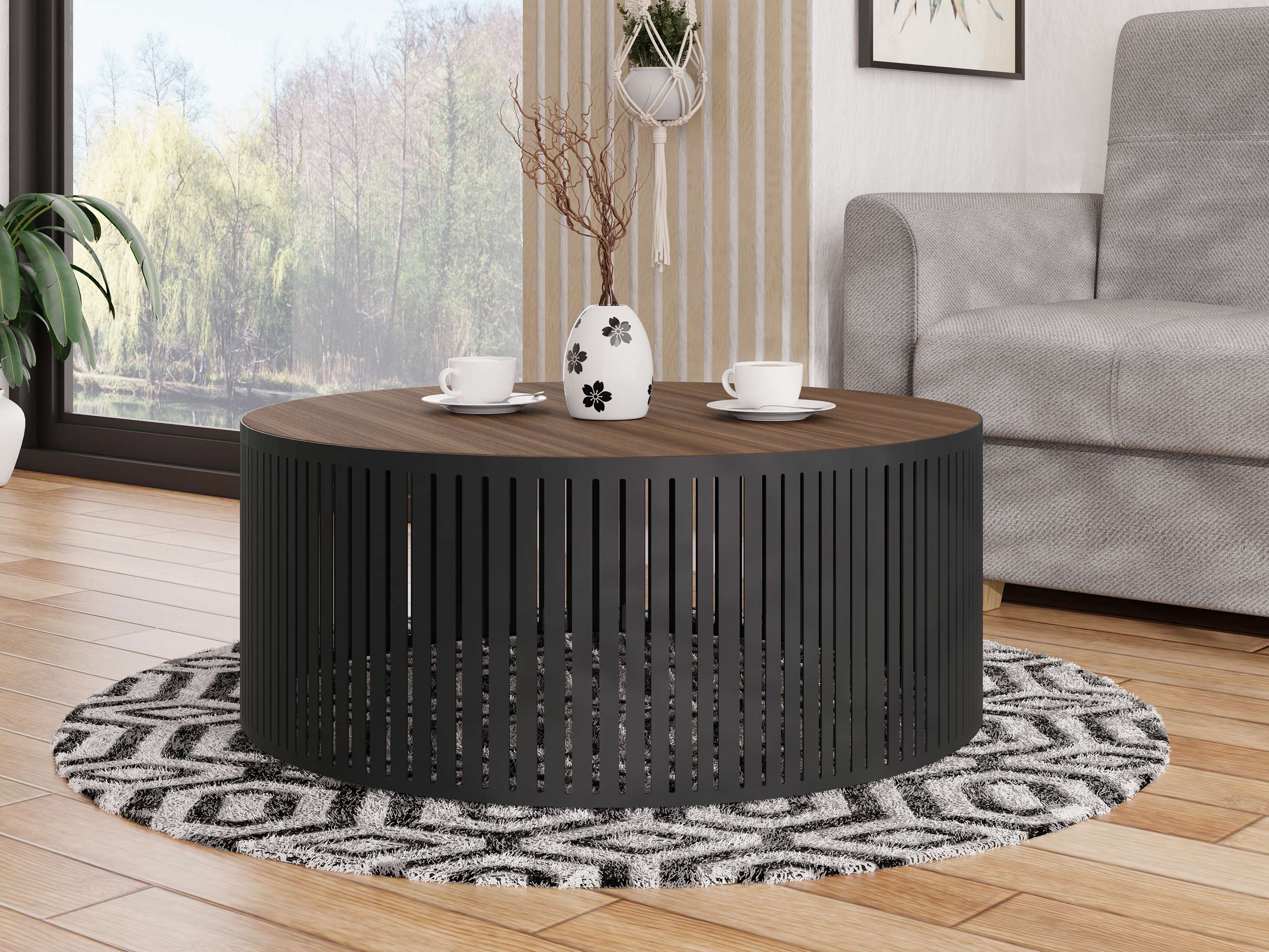 Couchtisch Prunis (Walnussholzoptik + Schwarz)