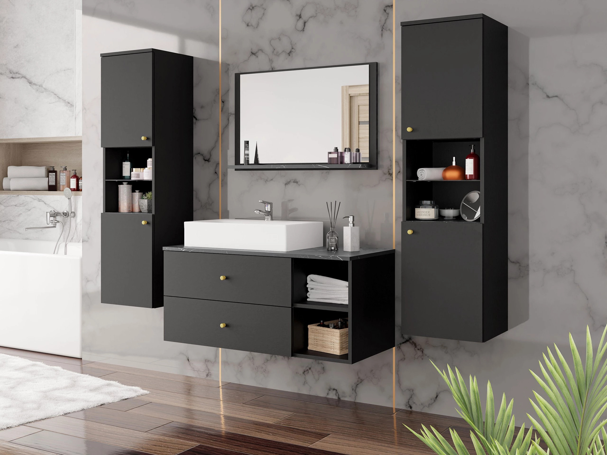 Badezimmer-Hängeschrank Salus (Schwarz + Schwarzer Marmor)