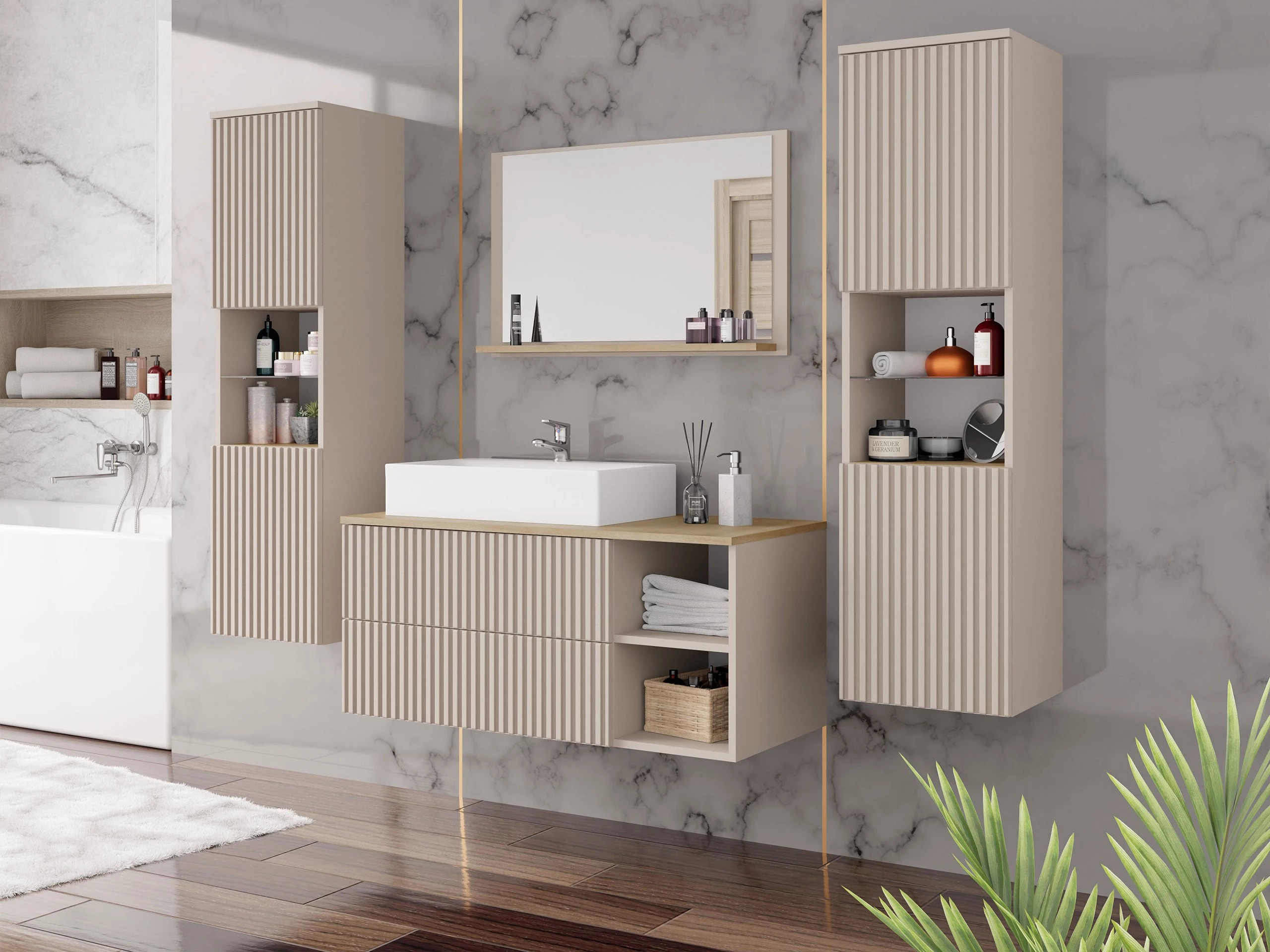 Badezimmer-Hängeschrank Nauta (Kaschmir + Cremona-Eiche)
