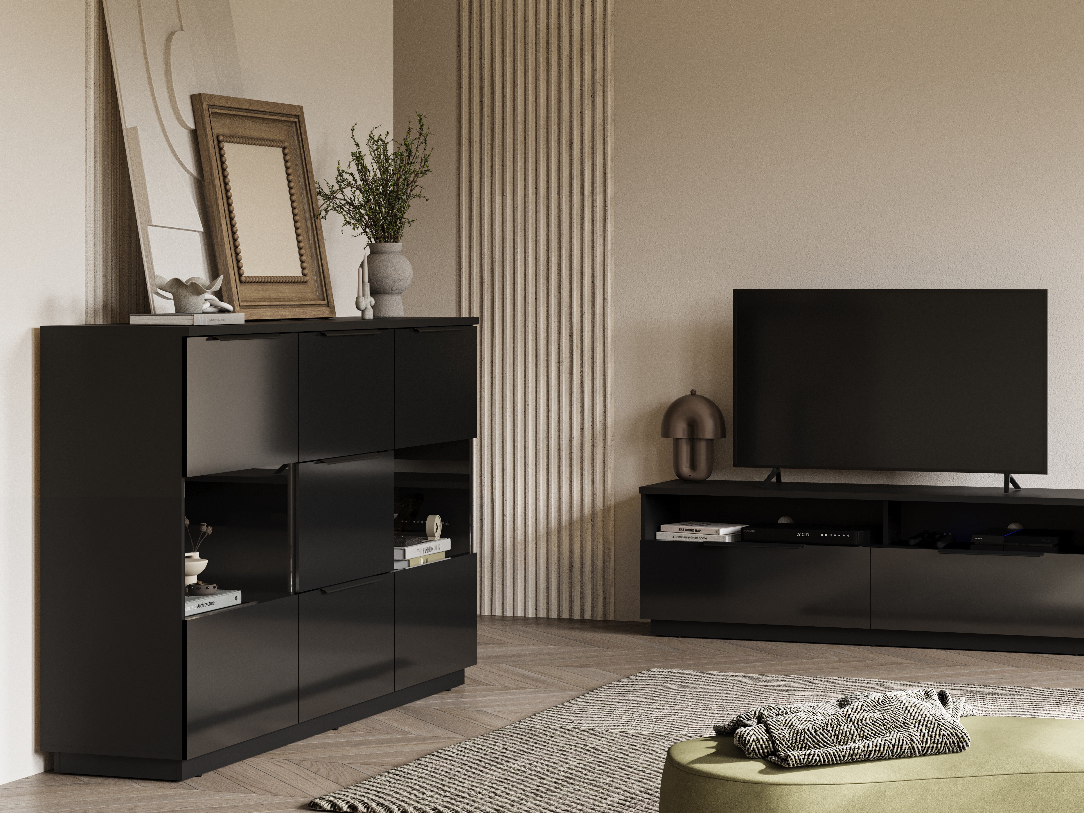 Kommode Talevaro 105 (Schwarz + Schwarz glänzend)