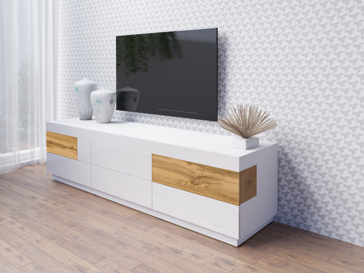 TV-Möbel Livlore 102 (Weiss + Weiss glänzend + Wotan Eiche)