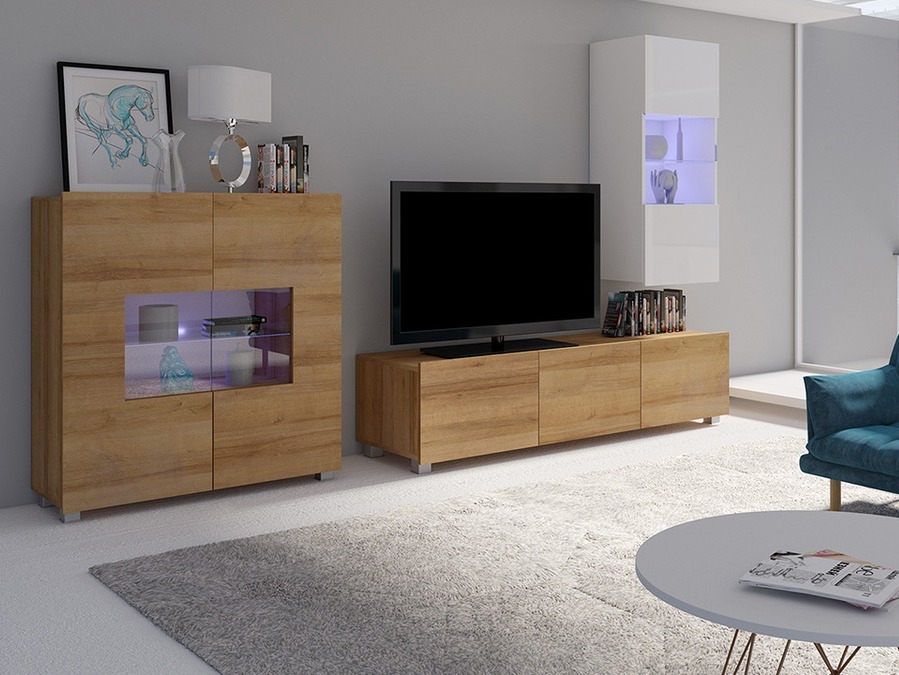 Wohnzimmer-Sets Tivdalu 111 (Goldene Eichenholzoptik + Weiss + Weiss glänzend)