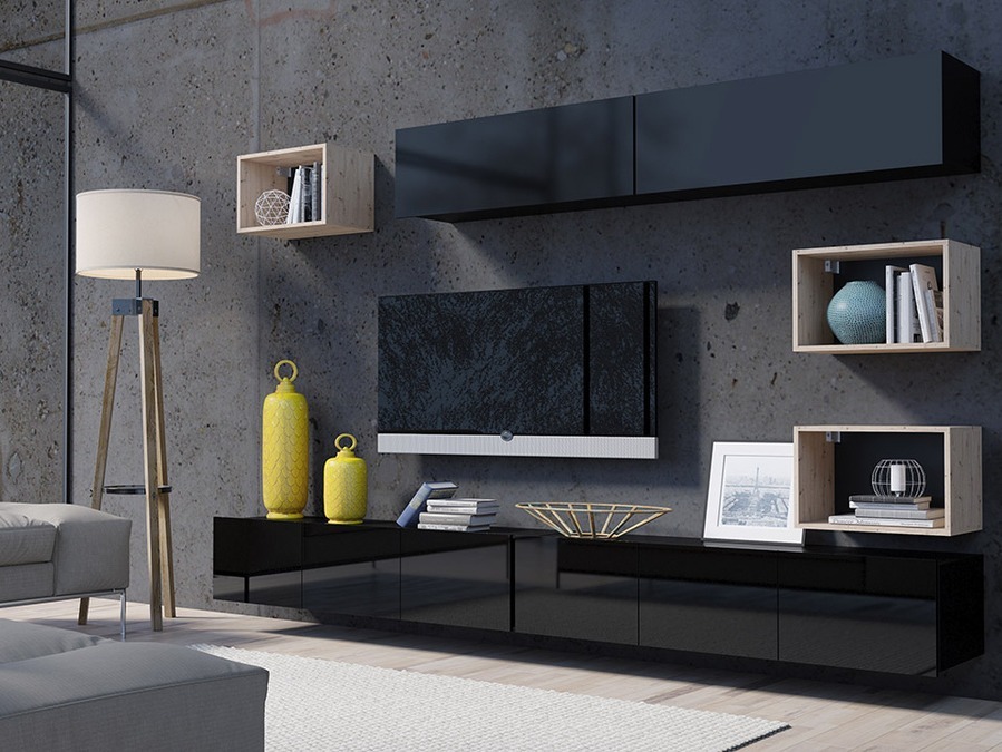 Wohnzimmer-Sets Remus XXXI (Schwarz + Schwarz glänzend + Artisan Eichenholzoptik)