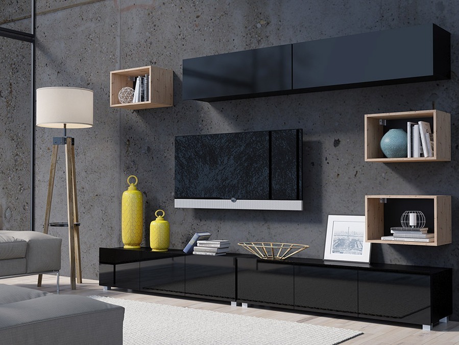 Wohnzimmer-Sets Remus XXXI (Schwarz + Schwarz glänzend + Artisan Eichenholzoptik)