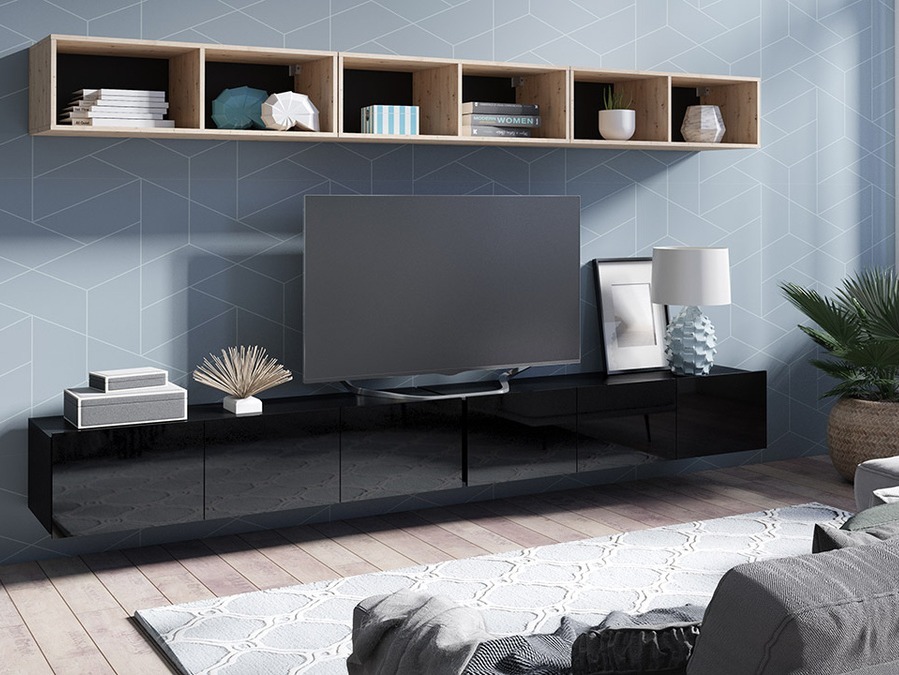 Wohnzimmer-Sets Remus XXXIII (Schwarz + Schwarz glänzend + Artisan Eichenholzoptik)