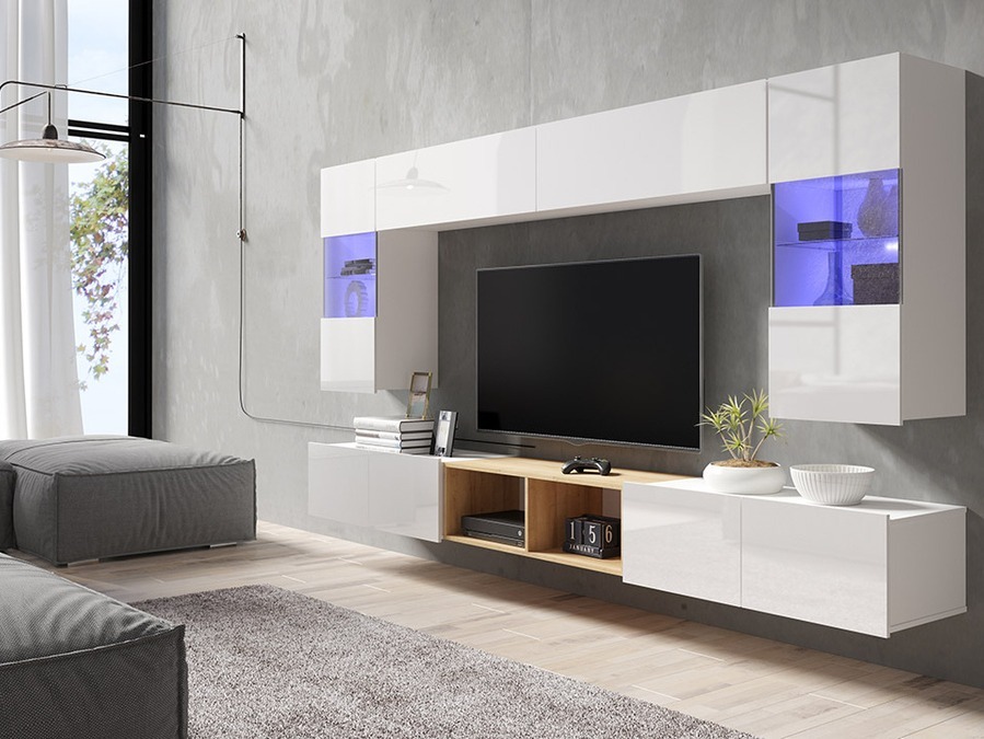 Wohnzimmer-Sets Tivdalu 144 (Weiss + Weiss glänzend + Goldene Eichenholzoptik)