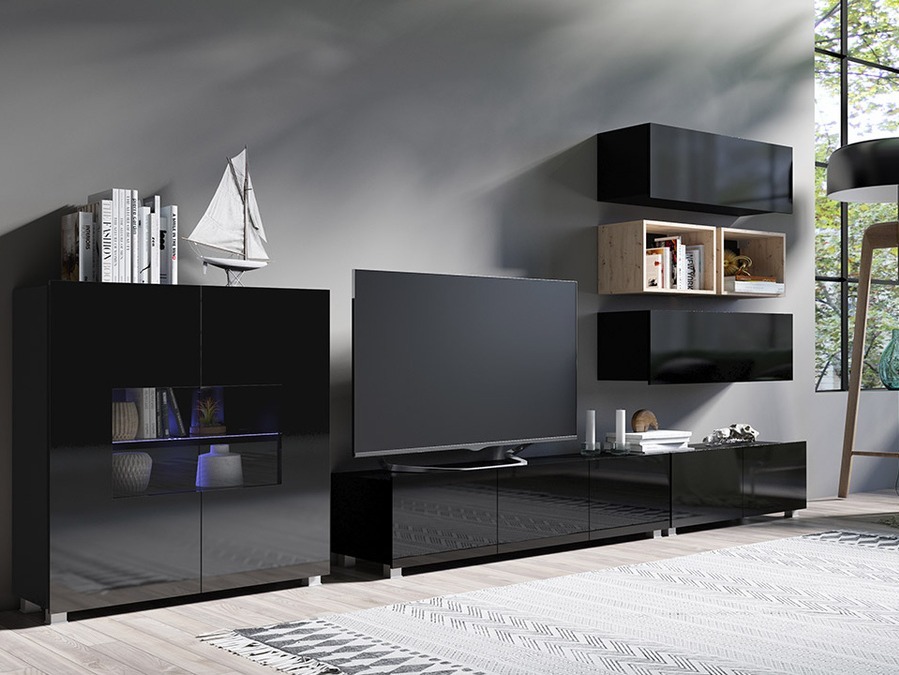 Wohnzimmer-Sets Tivdalu 148 (Schwarz + Schwarz glänzend + Artisan Eichenholzoptik)