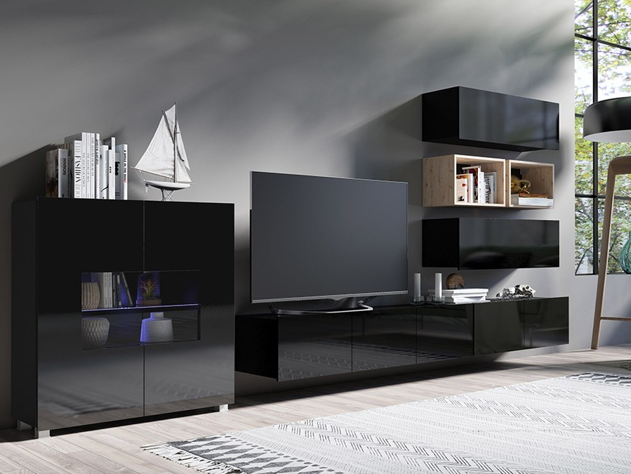 Wohnzimmer-Sets Tivdalu 148 (Schwarz + Schwarz glänzend + Artisan Eichenholzoptik)